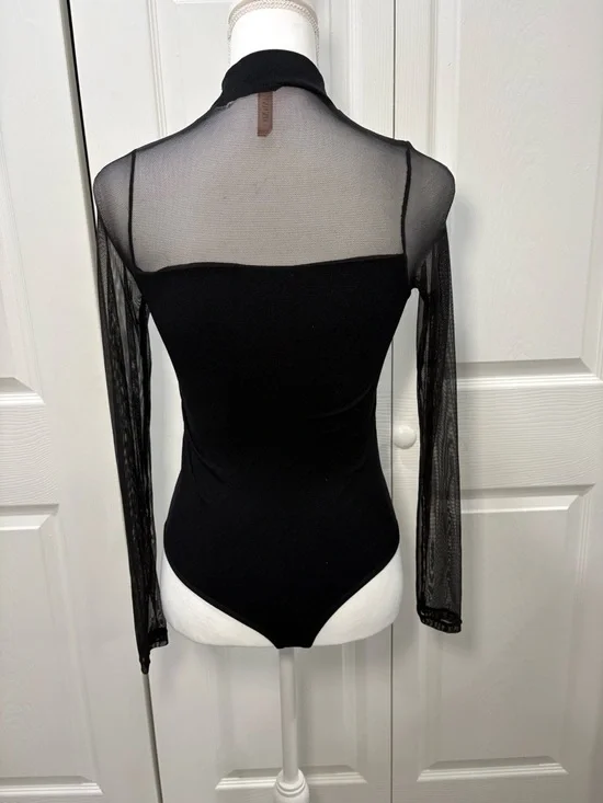 Black Sheer-Yoke Long Sleeve Bodysuit - Women Tops - Picture 2 of 3